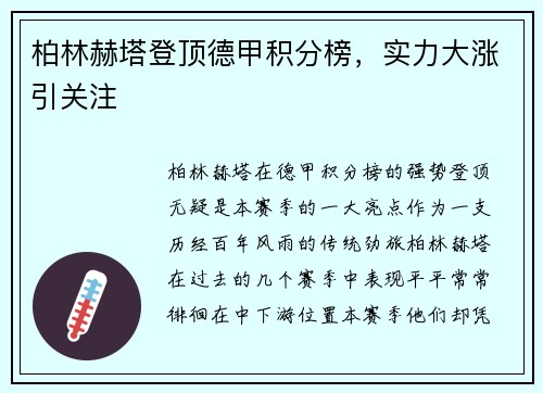 柏林赫塔登顶德甲积分榜，实力大涨引关注